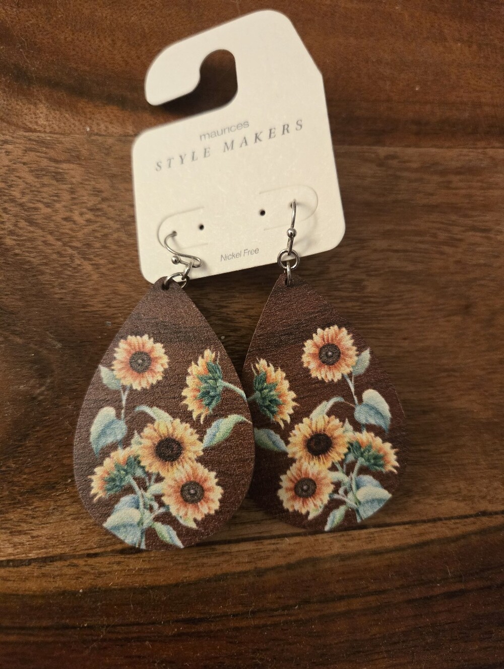 Sunflower Teardrop Earrings - Brown with Yellow & Green Floral Print